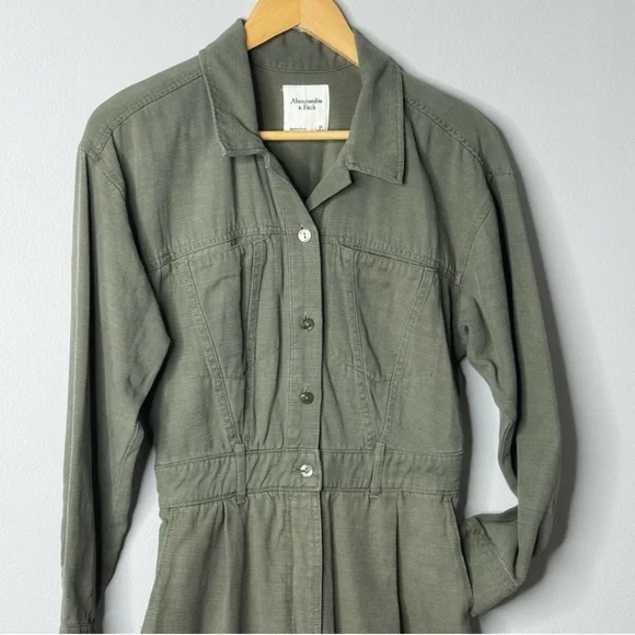Abercrombie & Fitch Petite Utility Jumpsuit Military Green Cotton Long Sleeve - Picture 5 of 16